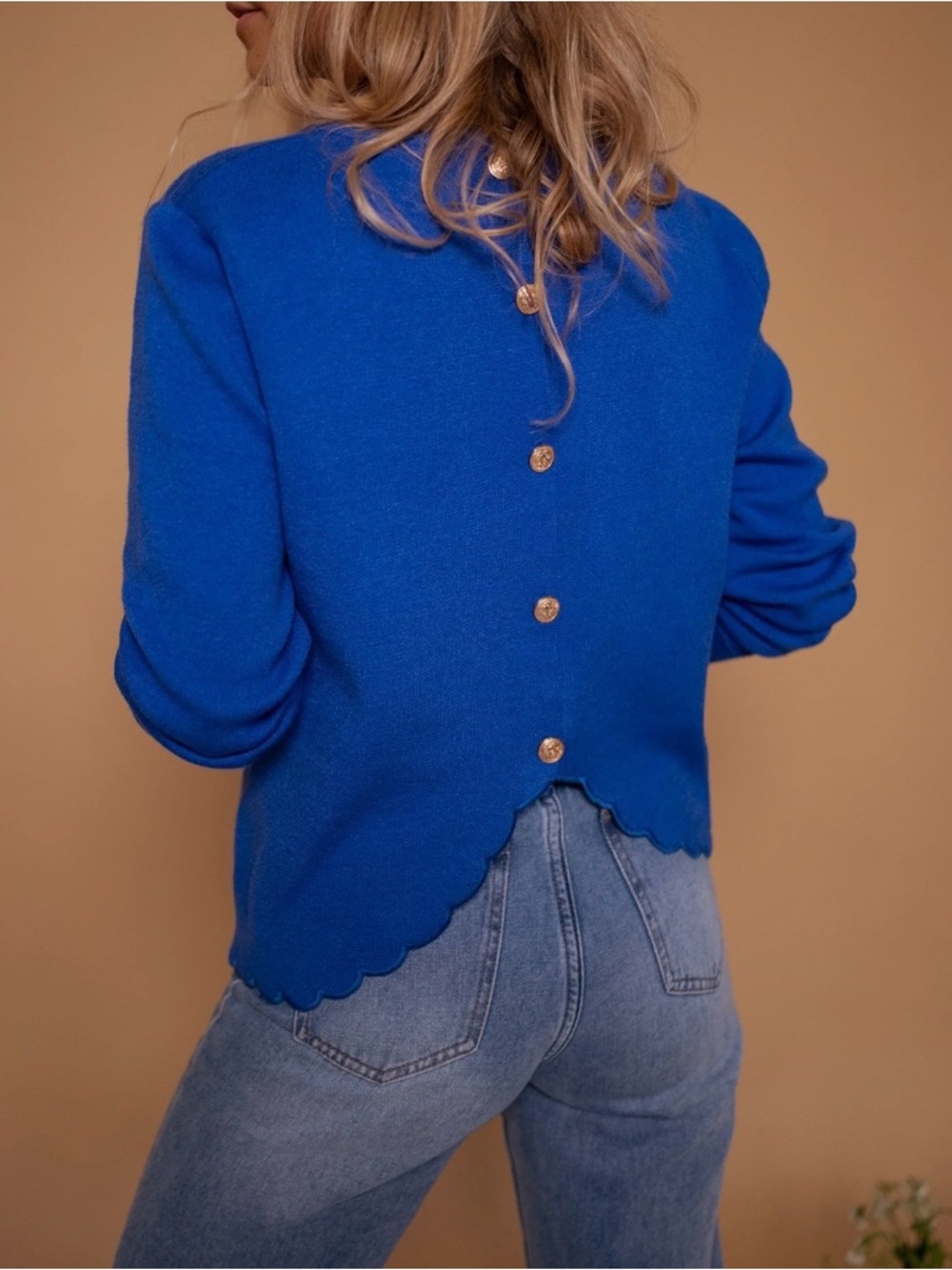 Scallop Hem Button-Back Royal Blue Sweater